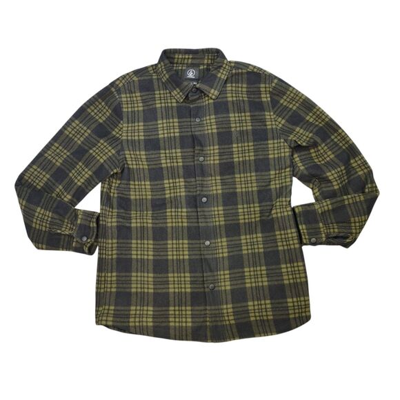 Volcom Shirt Green Plaid Long Sleeve Fleece Snap Closure Lined Size Medium - Picture 1 of 14